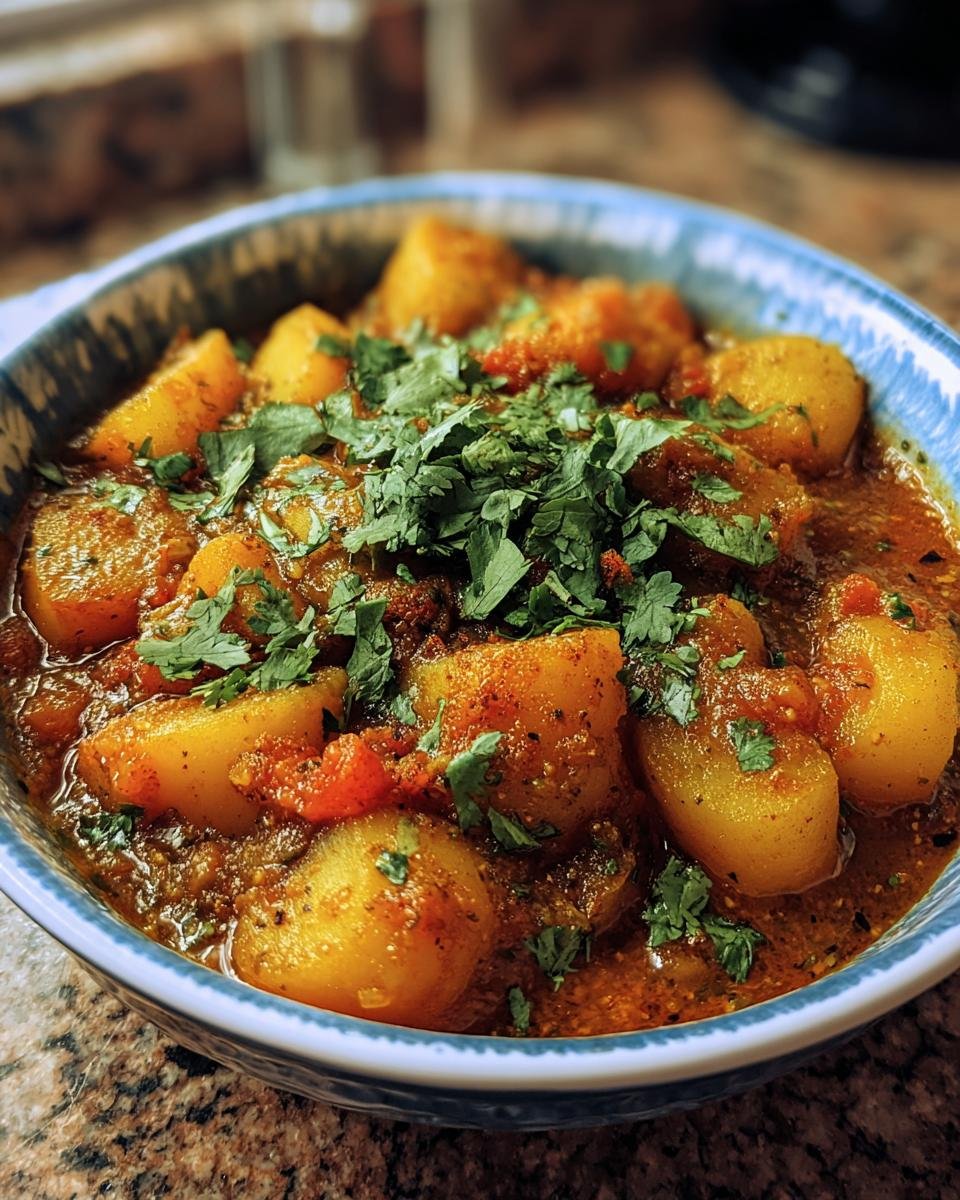 Close-up of Persian Potato Curry in a blue bowl, garnished with fresh cilantro.