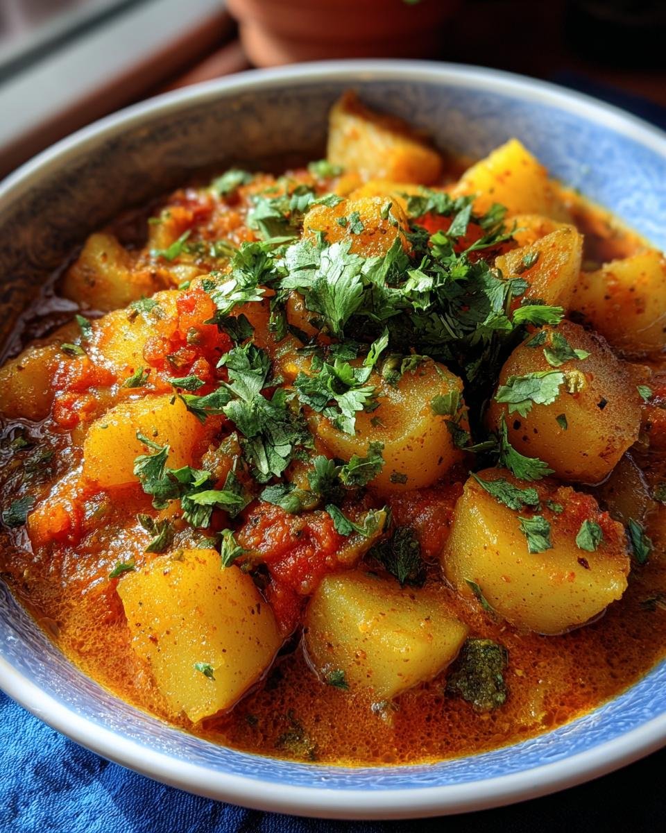 A bowl of Persian Potato Curry, garnished with fresh cilantro, in a rich tomato-based sauce.