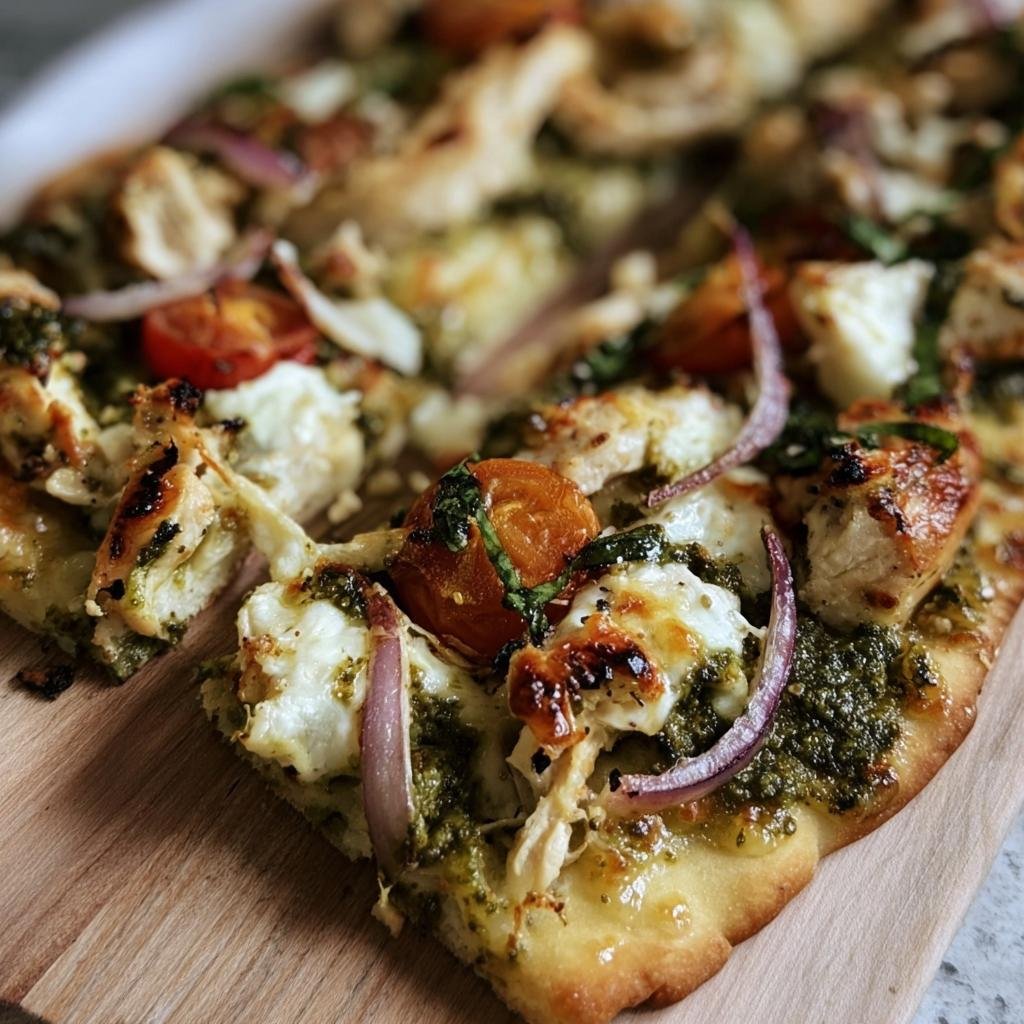 Close-up of Pesto Chicken Flatbread with pesto, chicken, tomatoes, red onion, and mozzarella cheese.