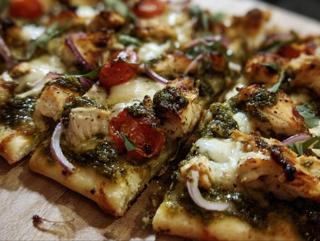 Close-up of Pesto Chicken Flatbread with pesto, chicken, tomatoes, red onion, and mozzarella cheese.