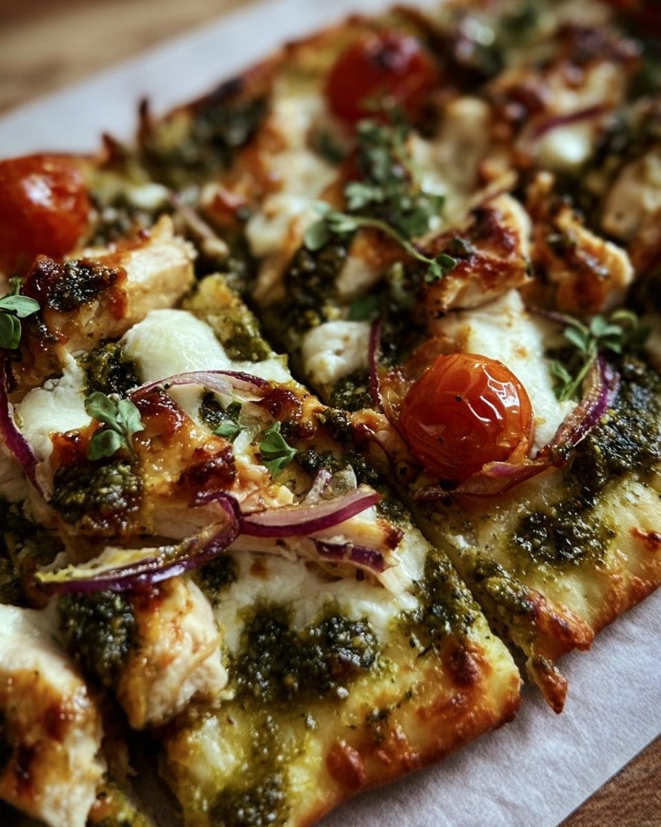 Close-up of Pesto Chicken Flatbread with pesto, chicken, mozzarella, red onion, and cherry tomatoes.