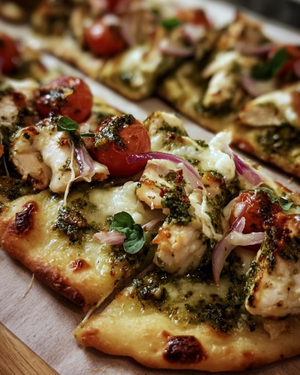 Close-up of Pesto Chicken Flatbread with pesto, chicken, tomatoes, red onions, and cheese.