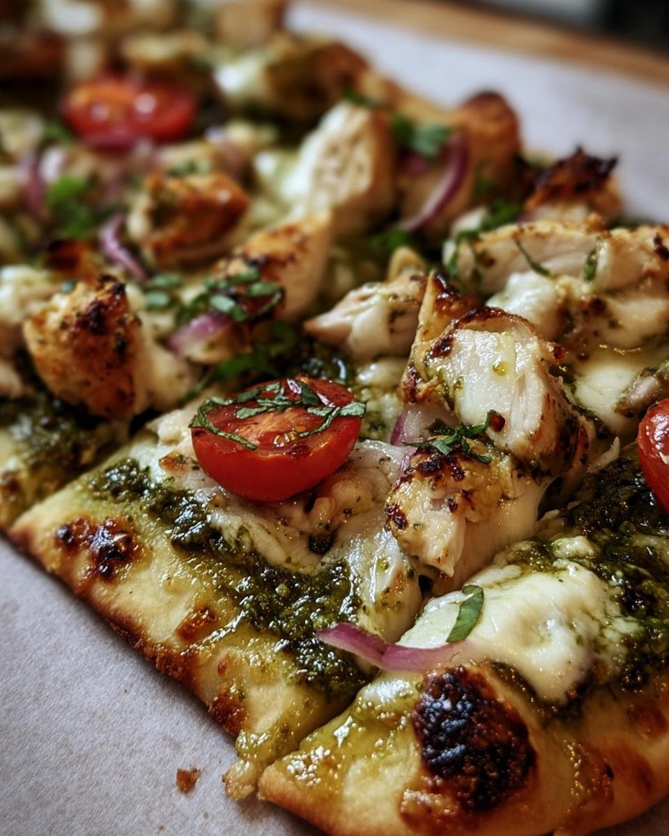 Close-up of a Pesto Chicken Flatbread with grilled chicken, pesto, tomatoes, red onion, and melted cheese.