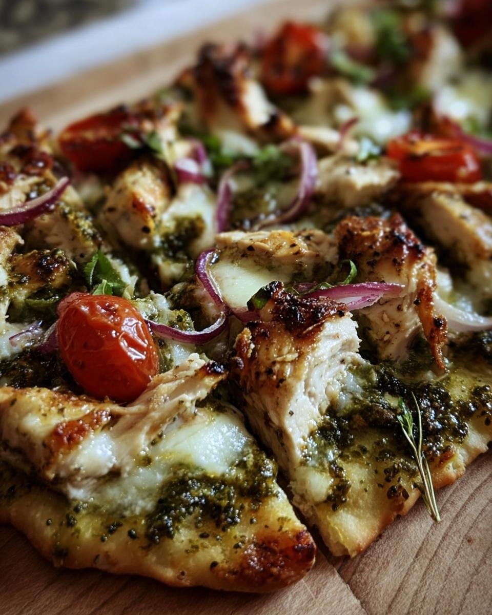 Close-up of Pesto Chicken Flatbread with chicken, pesto, tomatoes, and red onion toppings.