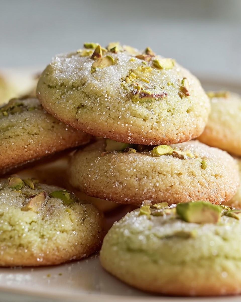 A close-up of stacked Pistachio Wedding Cookies, dusted with sugar and topped with chopped pistachios.