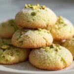 A stack of Pistachio Wedding Cookies, topped with sugar and chopped pistachios, on a white plate.