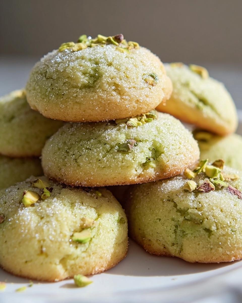 A stack of Pistachio Wedding Cookies, coated in sugar and topped with chopped pistachios.