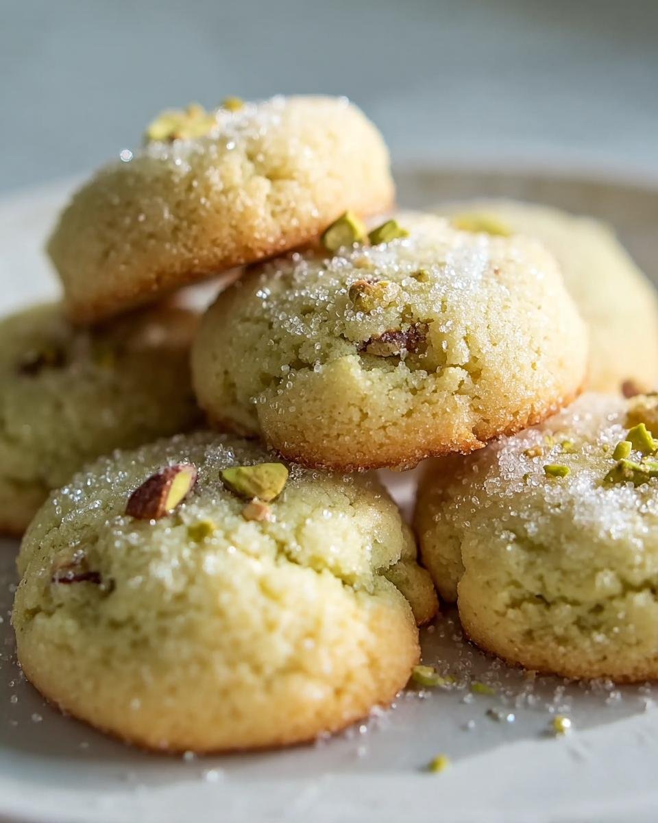 A stack of Pistachio Wedding Cookies, topped with sugar and chopped pistachios, on a white plate.