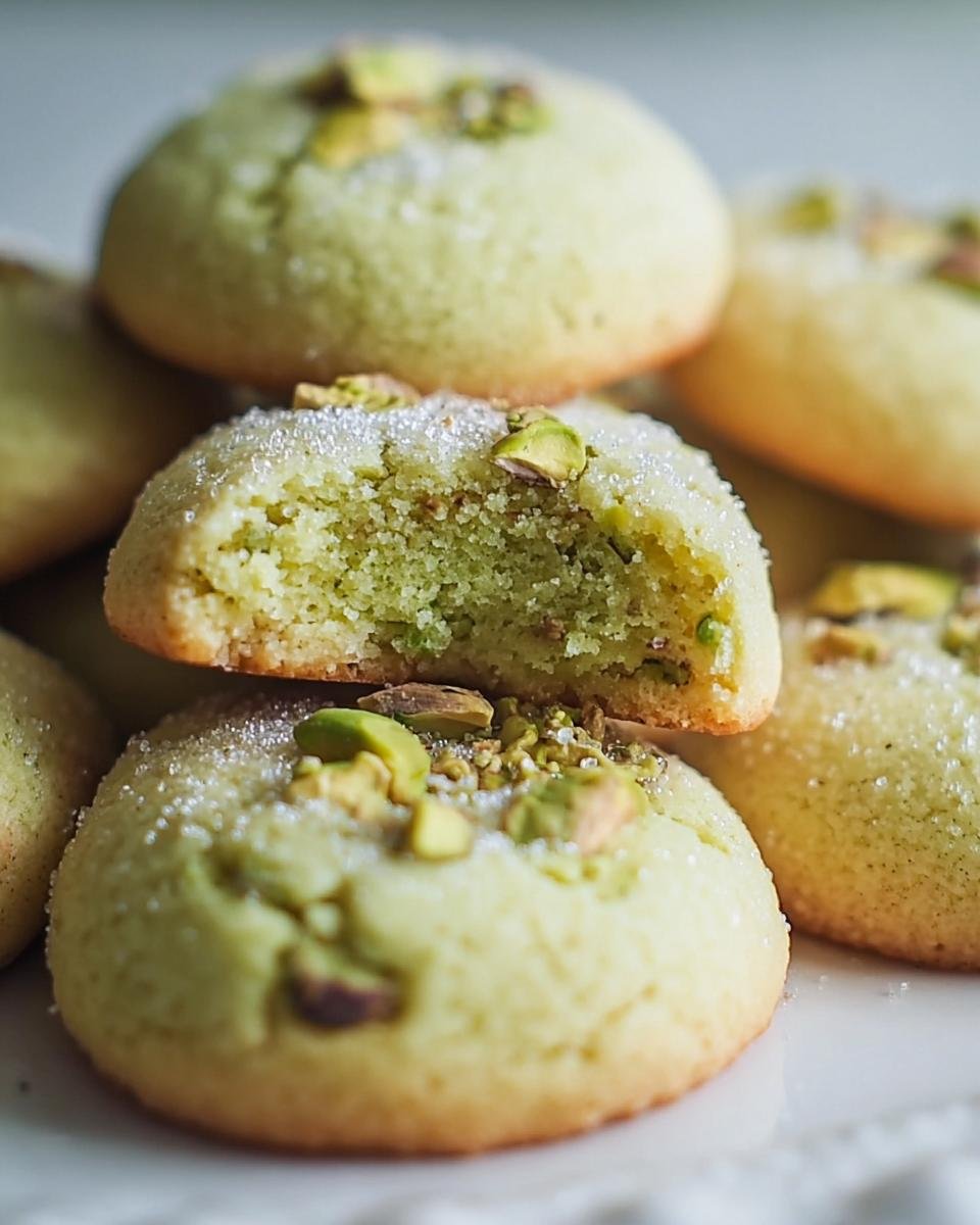 Close-up of stacked Pistachio Wedding Cookies, one with a bite taken, showing the soft texture and pistachio filling.