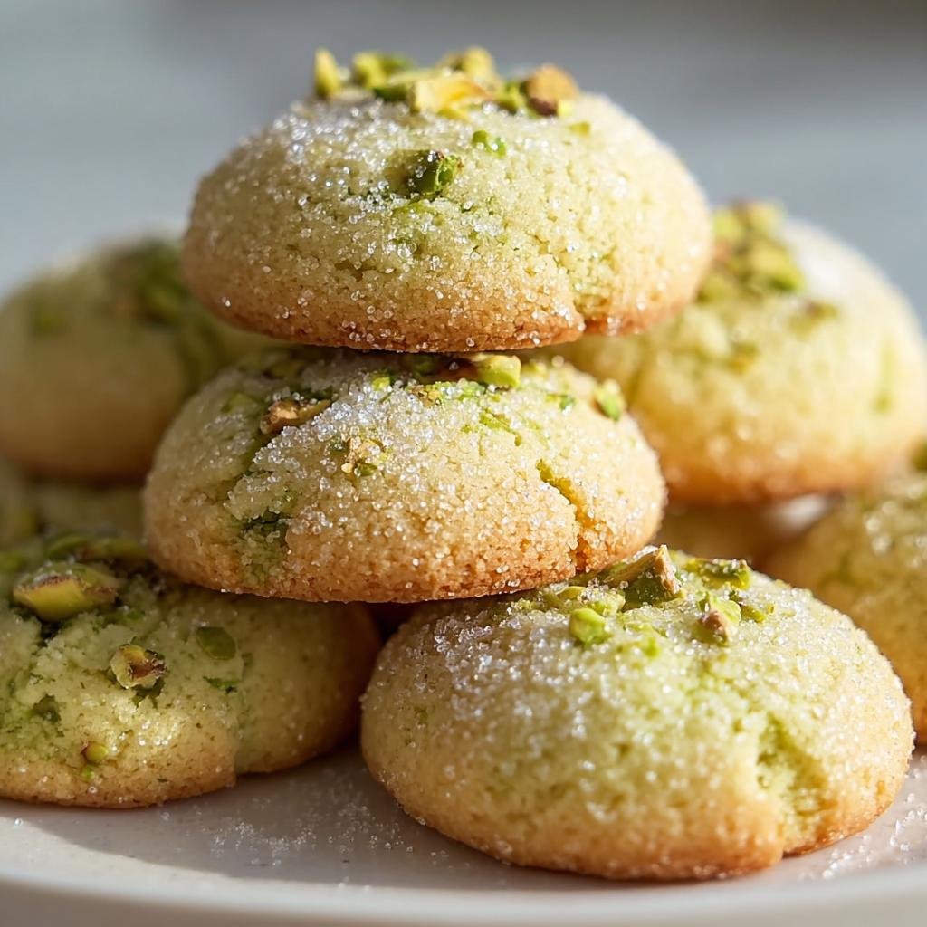 A stack of Pistachio Wedding Cookies, topped with sugar and chopped pistachios, on a white plate.