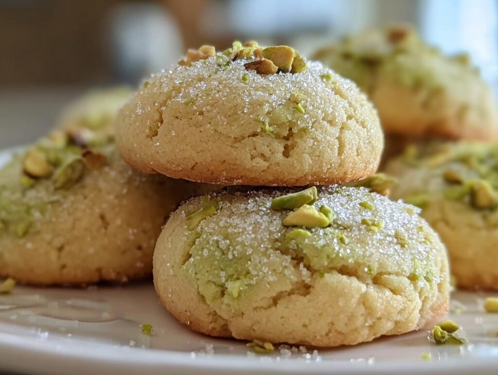 Close-up of stacked Pistachio Wedding Cookies, coated in sugar and topped with chopped pistachios.