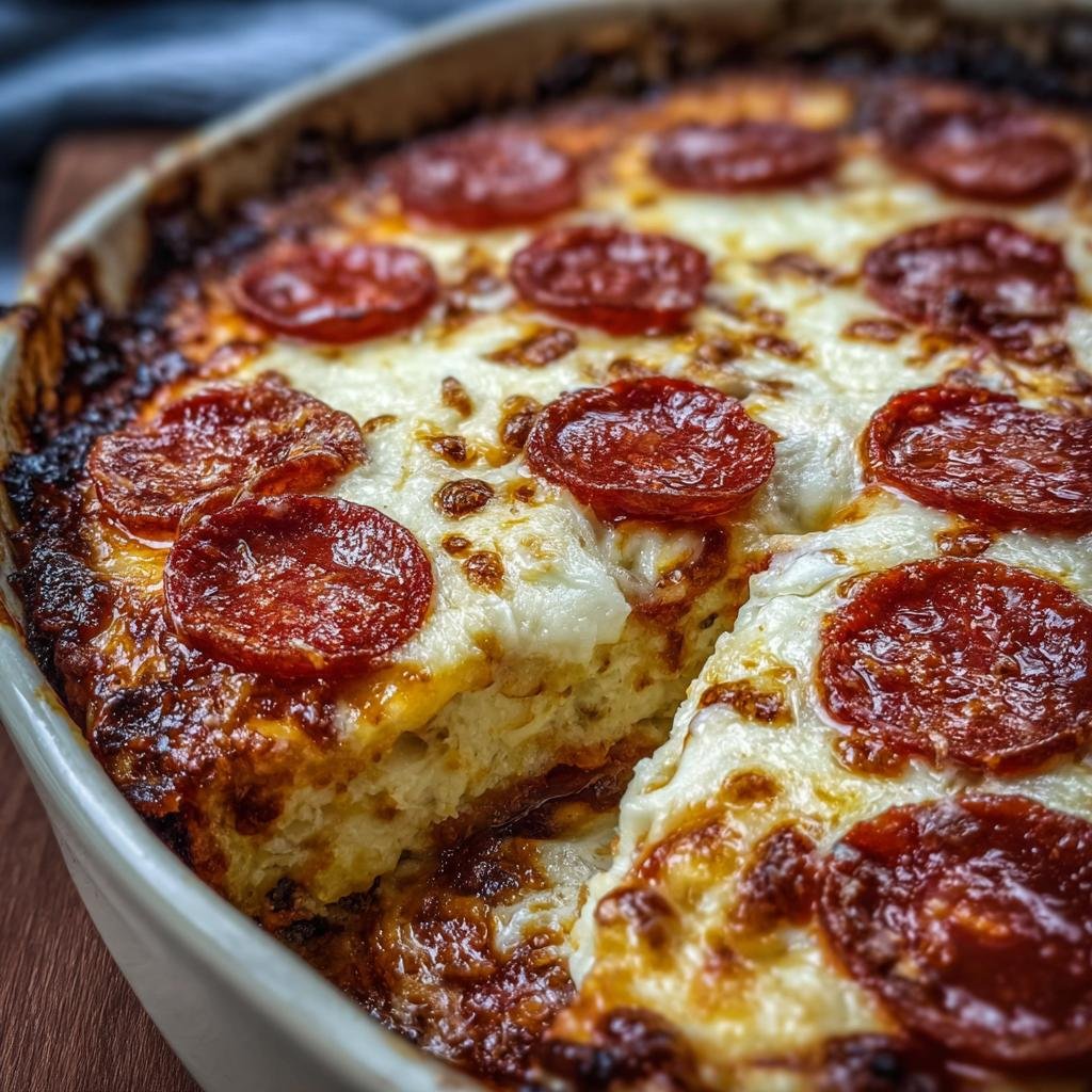 Close-up of a Pizza Cottage Cheese Bake with a slice removed, showing pepperoni and melted cheese topping.