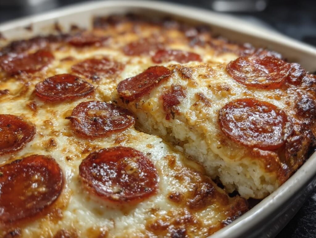 Close-up of Pizza Cottage Cheese Bake with pepperoni, showing a slice being removed.