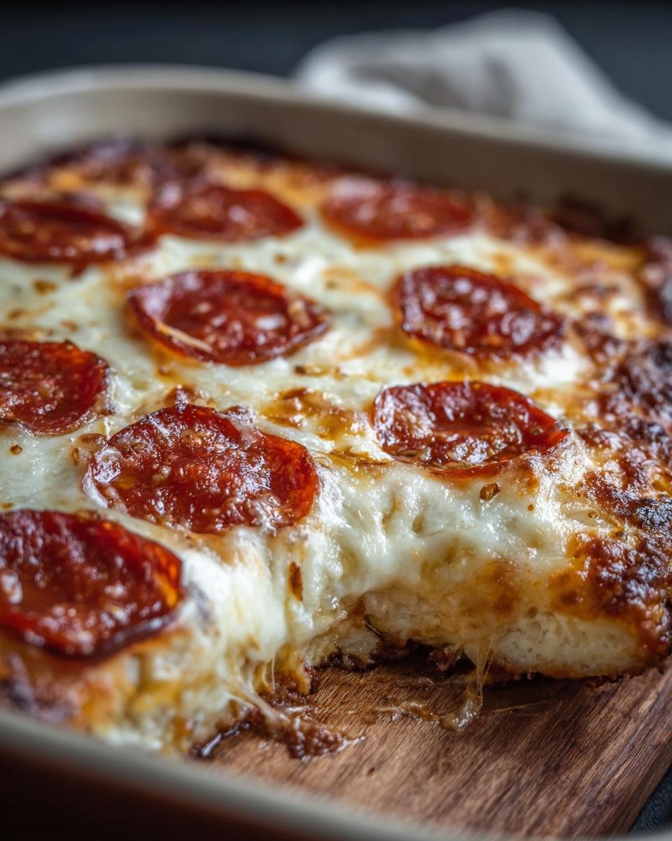Close-up of a Pizza Cottage Cheese Bake with melted cheese and pepperoni slices.