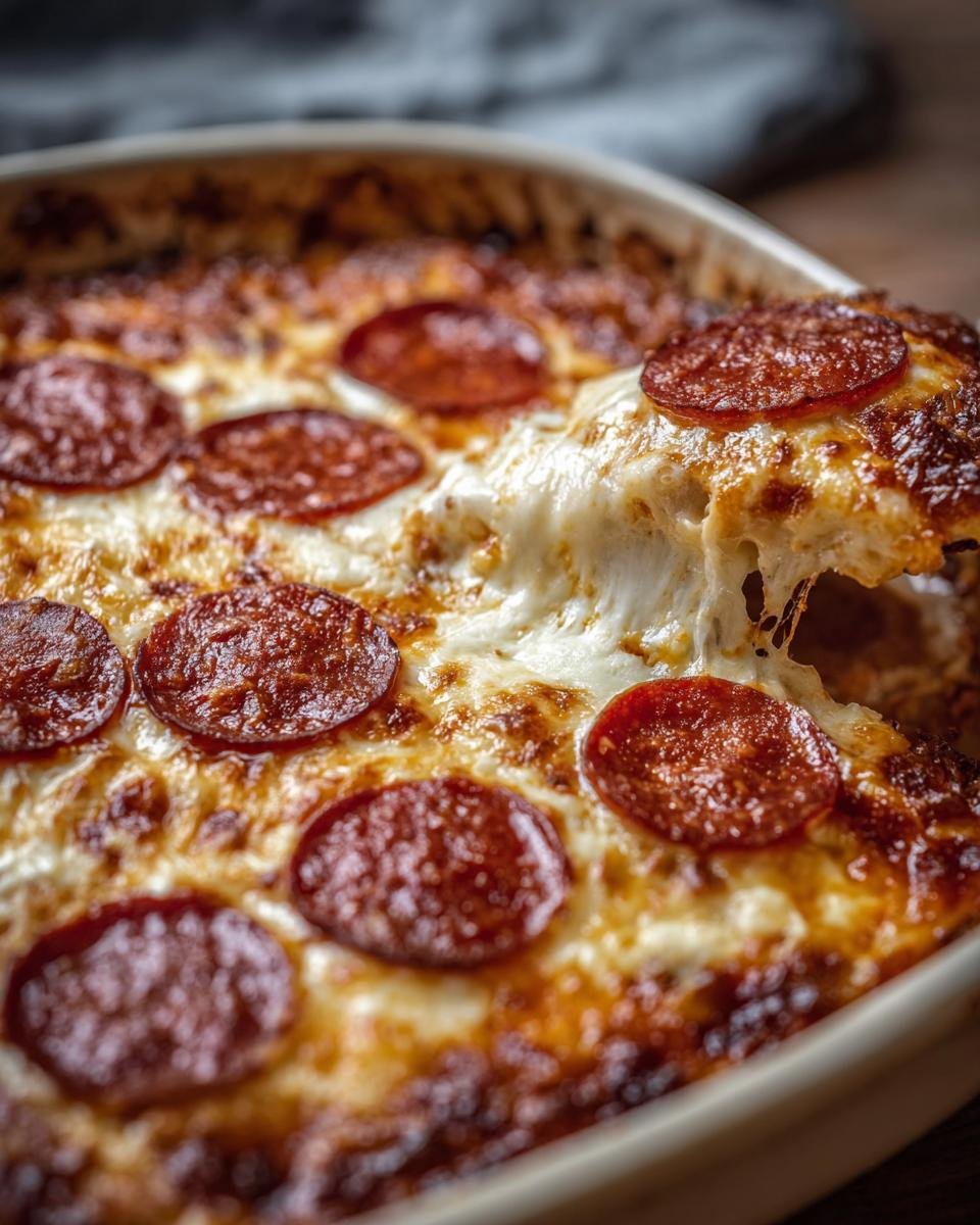 Close-up of a Pizza Cottage Cheese Bake with melted cheese and pepperoni slices being lifted from the baking dish.
