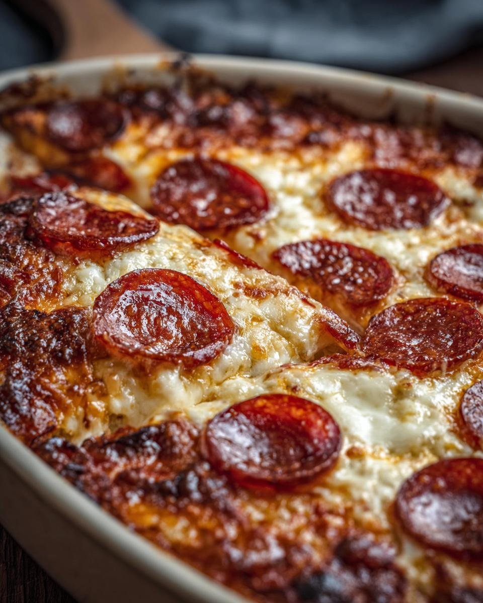 Close-up of a bubbly Pizza Cottage Cheese Bake with melted cheese and pepperoni slices on top.