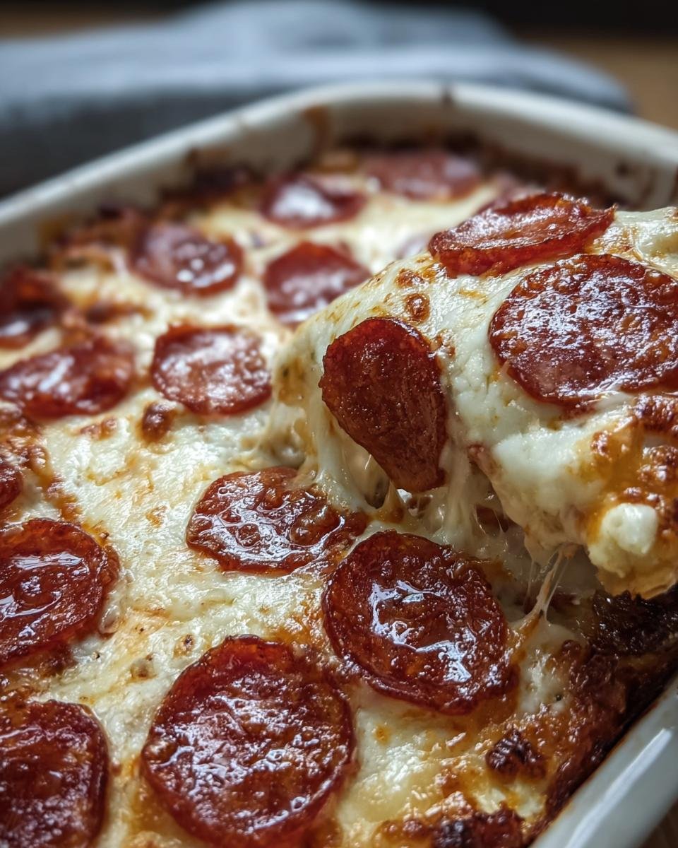 Close-up of a Pizza Cottage Cheese Bake with melted cheese and pepperoni being lifted from a baking dish.
