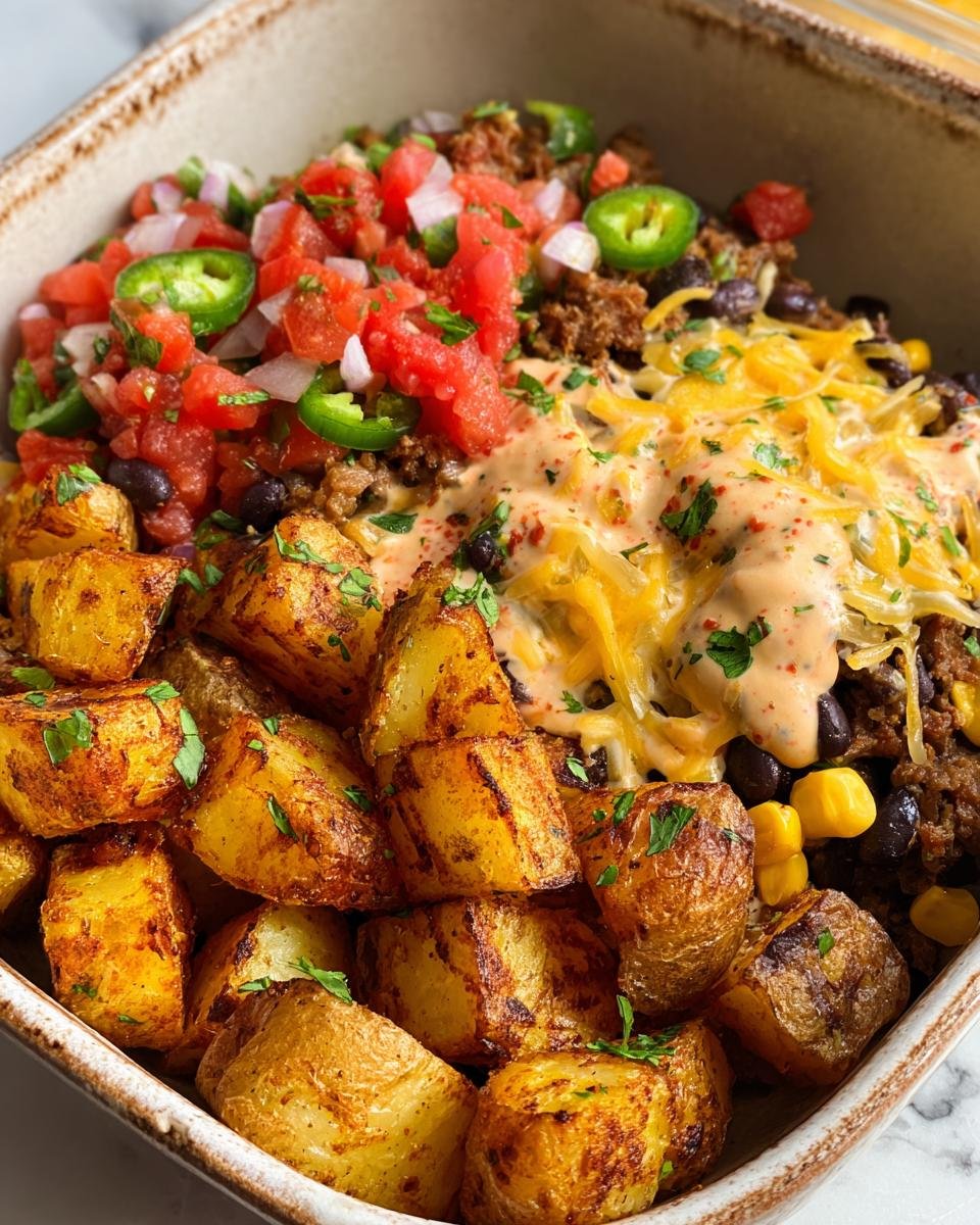 Close-up of a Potato Taco Bowl with roasted potatoes, salsa, cheese, and a creamy sauce.
