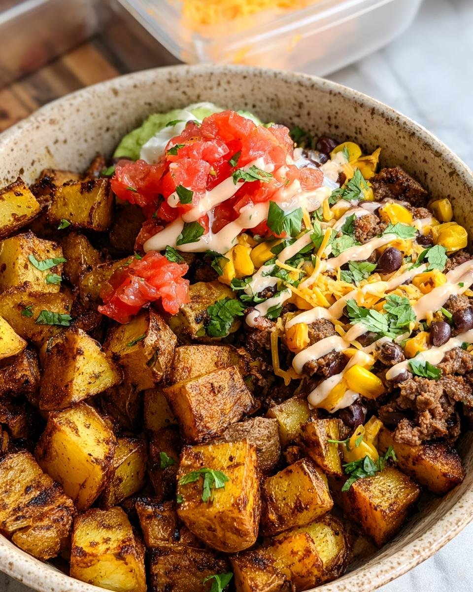 A vibrant Potato Taco Bowl filled with seasoned potatoes, corn, black beans, cheese, salsa, and a creamy sauce.
