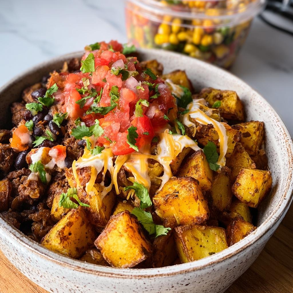 A close-up of Potato Taco Bowls in a bowl, topped with salsa, cheese, cilantro, and black beans.
