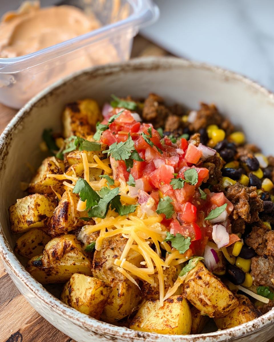 Close-up of a Potato Taco Bowl filled with potatoes, black beans, corn, salsa, and cheese.