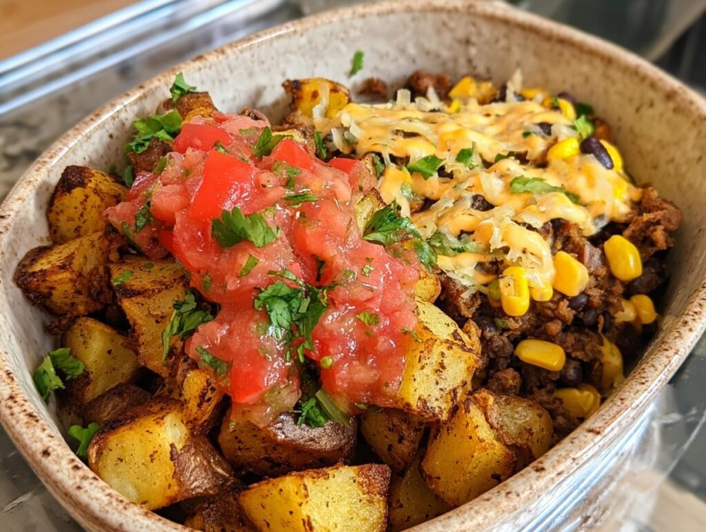 A delicious potato taco bowl filled with seasoned potatoes, salsa, corn, beans, and cheese.