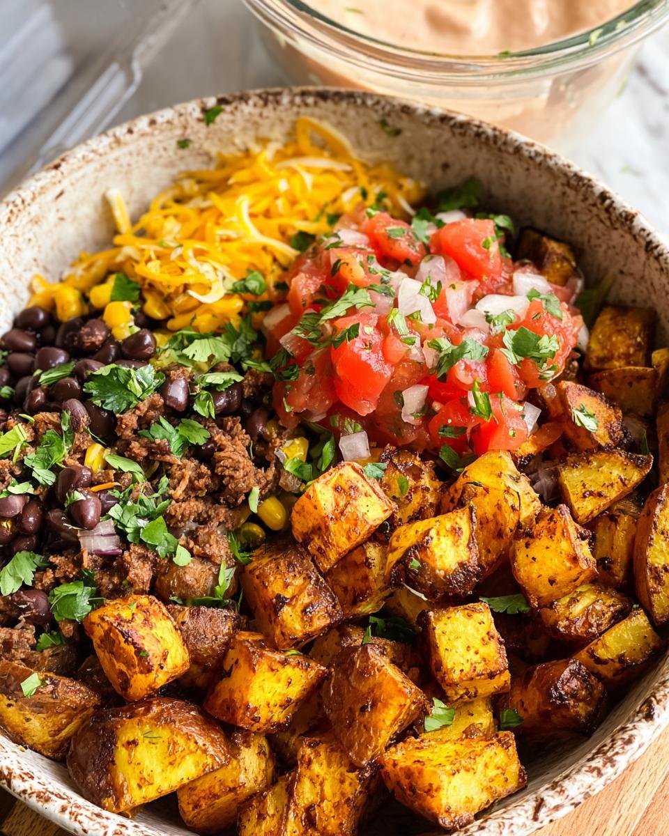 A vibrant Potato Taco Bowl filled with potatoes, black beans, salsa, cheese, and seasoned meat.