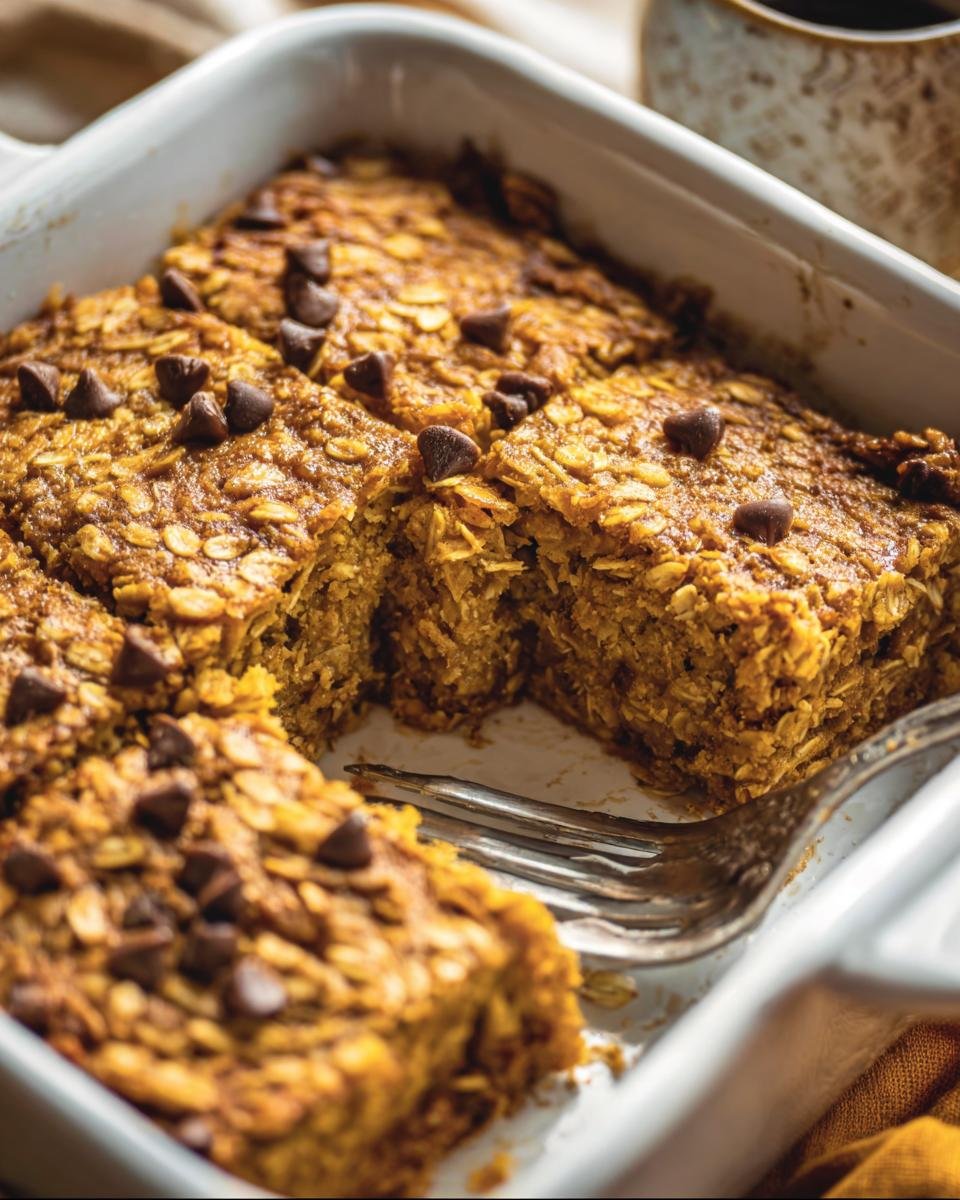 Close-up of Pumpkin Baked Oatmeal in a baking dish, topped with chocolate chips and a serving fork.