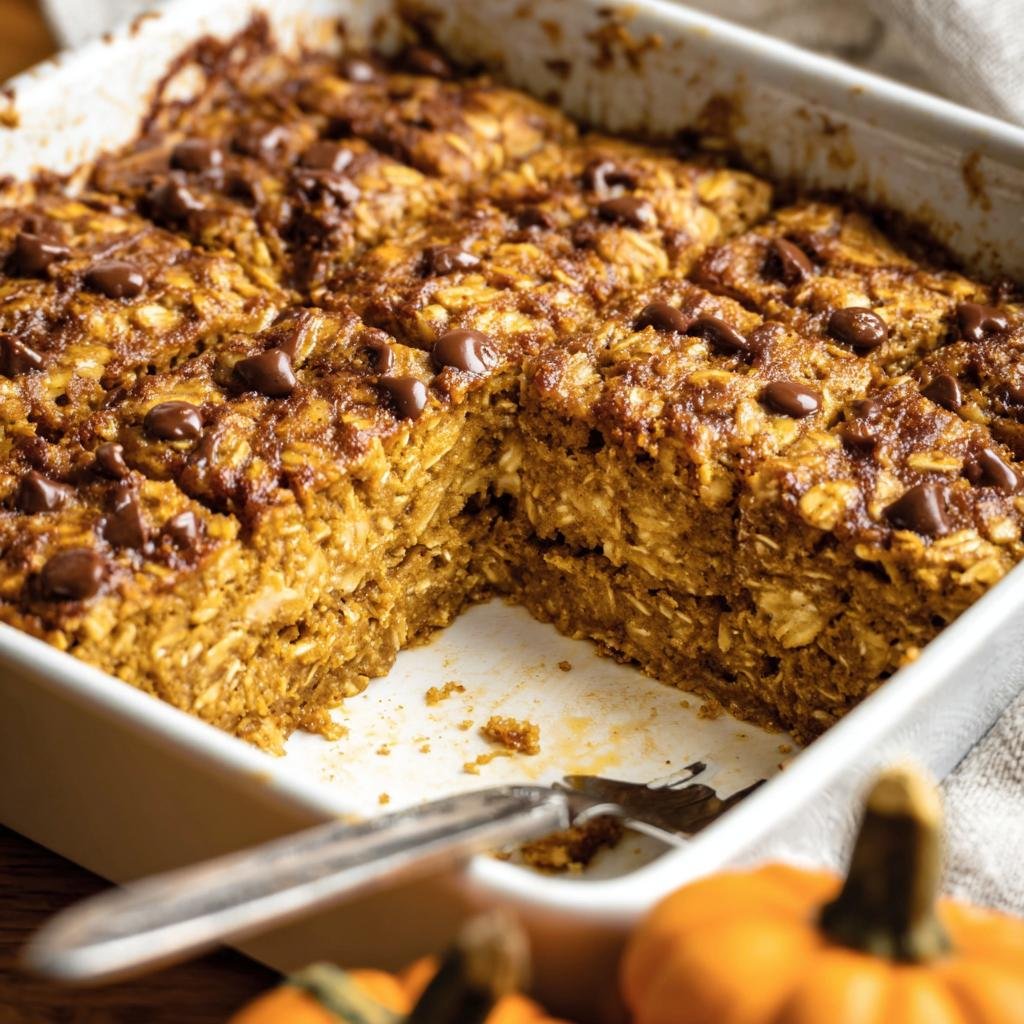 A pan of freshly baked Pumpkin Baked Oatmeal with chocolate chips and a slice cut out.
