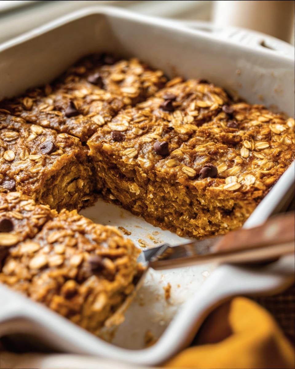 Close-up of Pumpkin Baked Oatmeal in a white baking dish, topped with oats and chocolate chips.