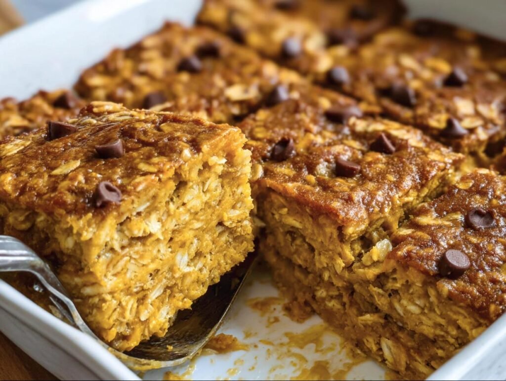 Close-up of Pumpkin Baked Oatmeal with chocolate chips in a white baking dish, ready to serve.