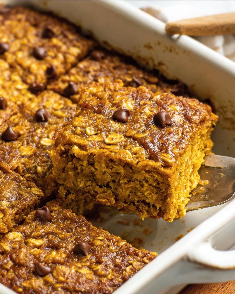 A slice of Pumpkin Baked Oatmeal being lifted from a baking dish, topped with chocolate chips.