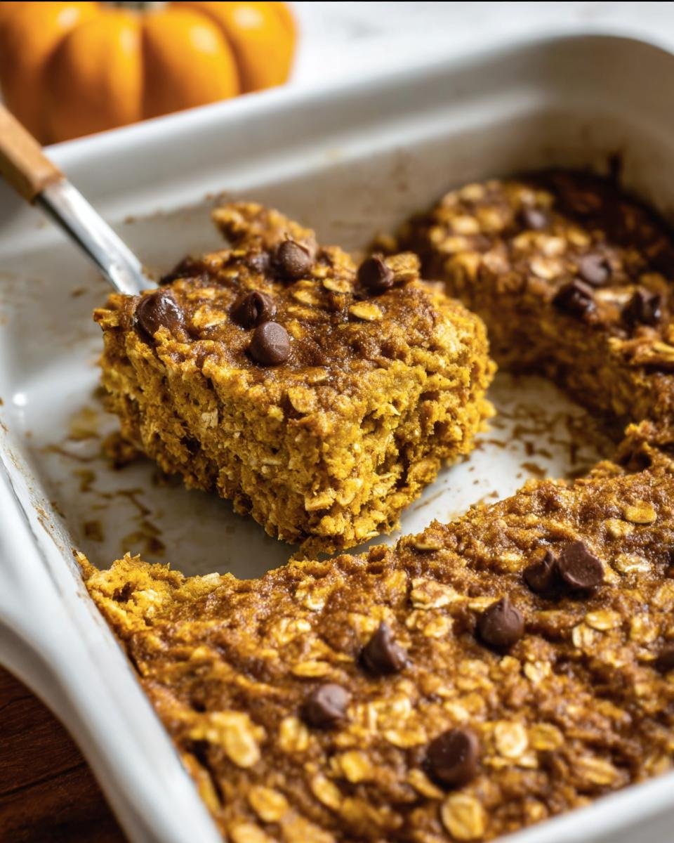 Close-up of a slice of pumpkin baked oatmeal being lifted from a baking dish, topped with chocolate chips.