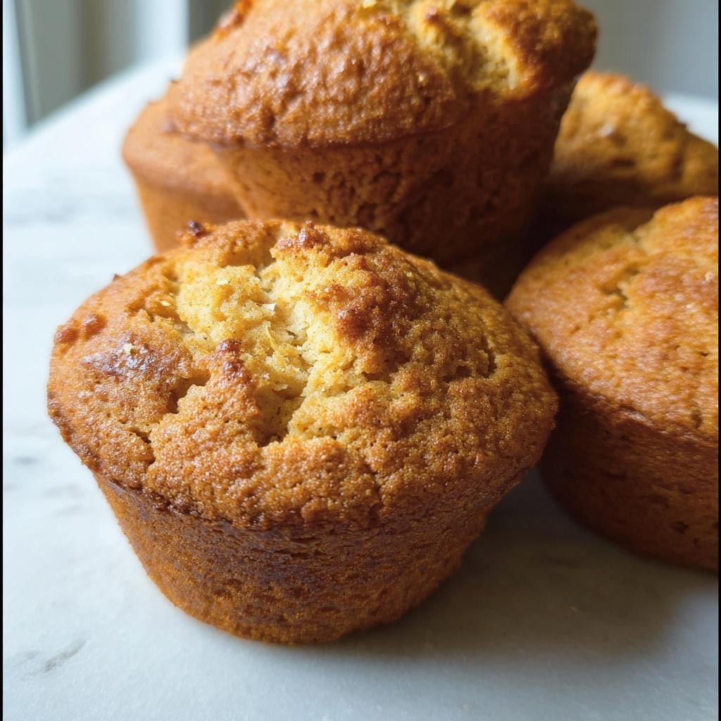 Several freshly baked Pumpkin Cottage Cheese Muffins stacked on a white surface.