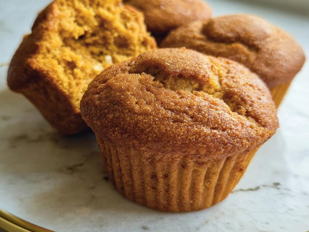 Close-up of pumpkin cottage cheese muffins on a plate, one muffin broken open to show the texture.
