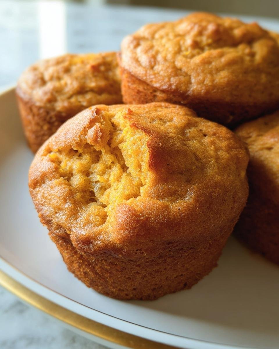 Close-up of Pumpkin Cottage Cheese Muffins on a white plate, one muffin with a bite taken out.