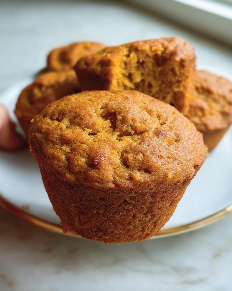 A close-up of several Pumpkin Cottage Cheese Muffins stacked on a white plate with a gold rim.