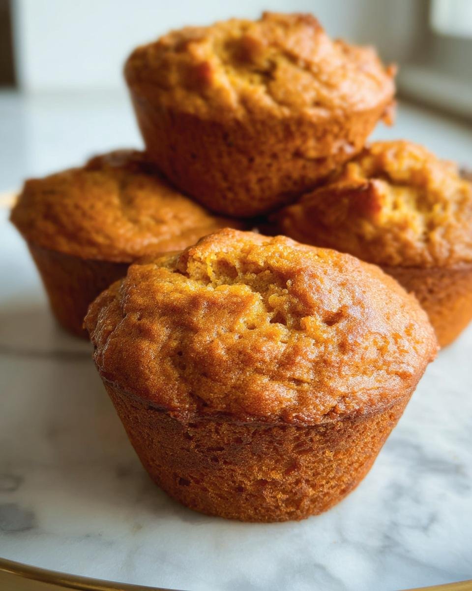 A stack of freshly baked Pumpkin Cottage Cheese Muffins on a marble surface.