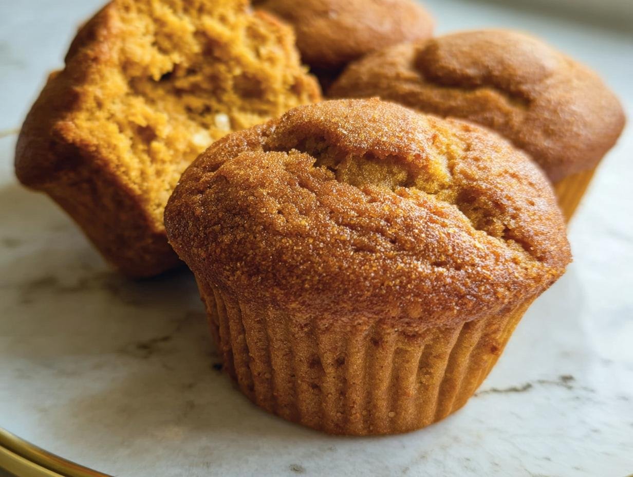 Close-up of pumpkin cottage cheese muffins on a plate, one muffin broken open to show the texture.