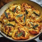 Overhead view of Pumpkin & Gouda Stuffed Peppers in a baking pan, garnished with fresh sage.