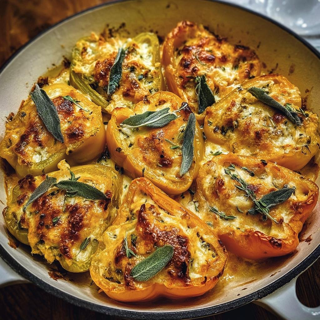Overhead view of Pumpkin & Gouda Stuffed Peppers in a baking pan, garnished with fresh sage.