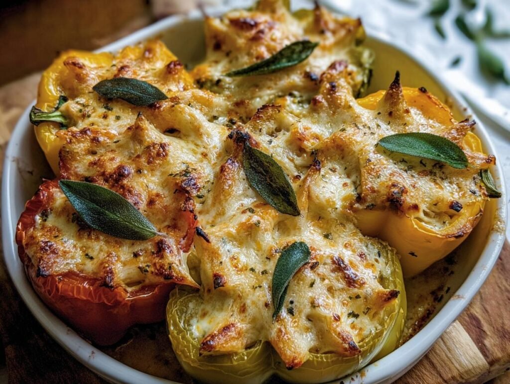 Baked Pumpkin & Gouda Stuffed Peppers in a white dish, topped with melted cheese and fresh sage.