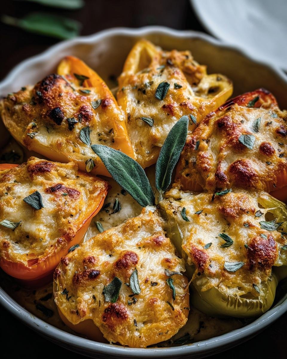 Colorful bell peppers filled with pumpkin and gouda stuffing, baked and garnished with fresh sage.