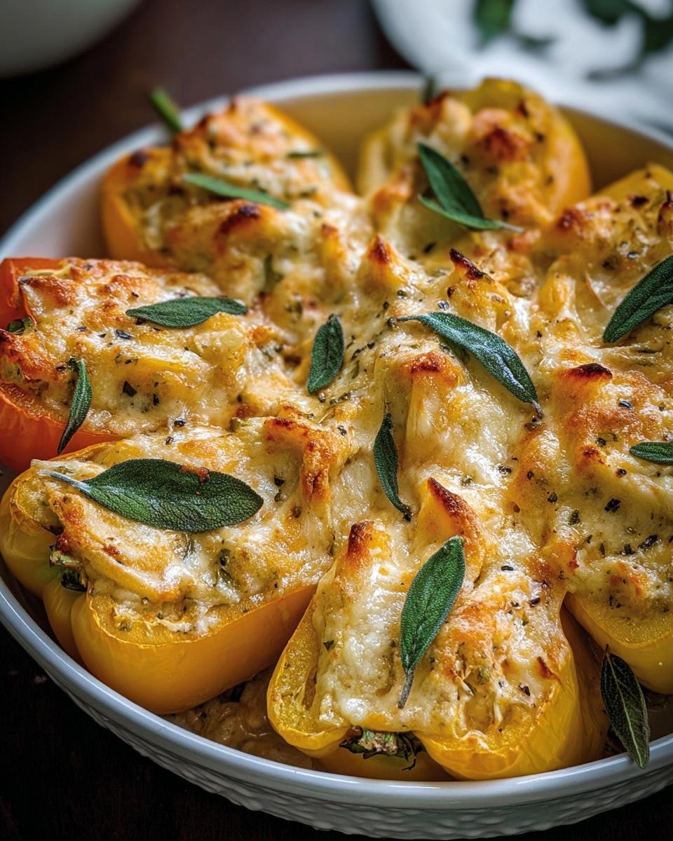 Close-up of Pumpkin & Gouda Stuffed Peppers in a baking dish, topped with melted cheese and fresh sage.