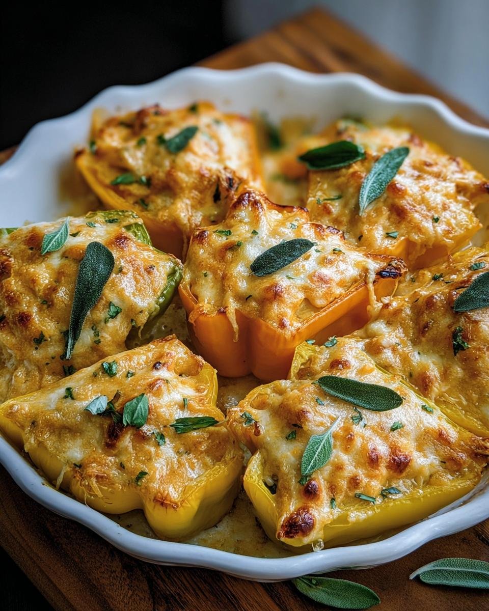Overhead shot of colorful Pumpkin & Gouda Stuffed Peppers in a white baking dish, garnished with sage.
