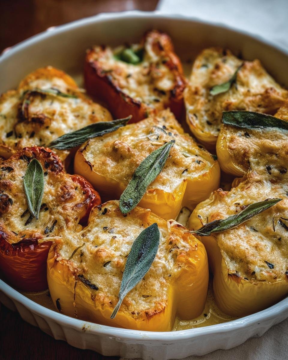 Close-up of Pumpkin & Gouda Stuffed Peppers in a baking dish, garnished with sage leaves.