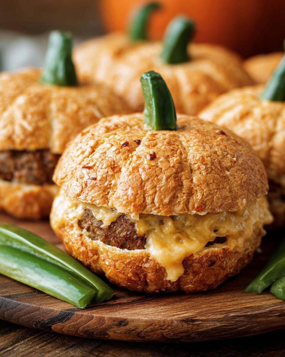 Close-up of Pumpkin-Shaped Sliders with melted cheese and a green pepper stem, sitting on a wooden board.