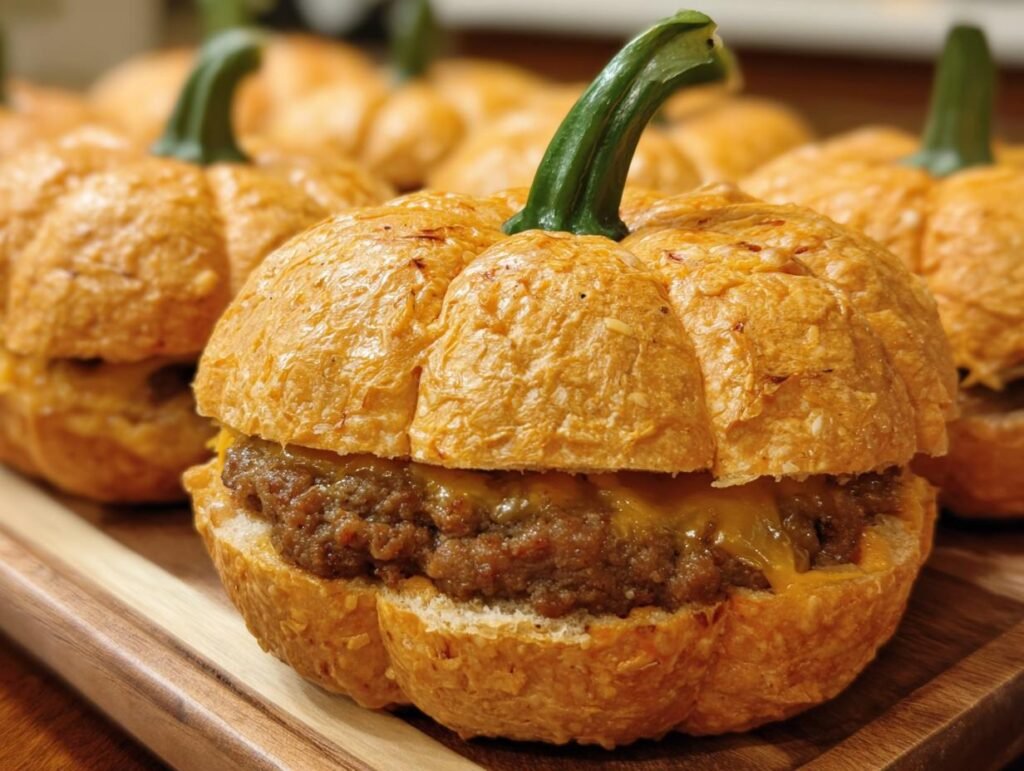 Close-up of pumpkin-shaped sliders with a savory filling and cheese on a wooden board. Festive and delicious!