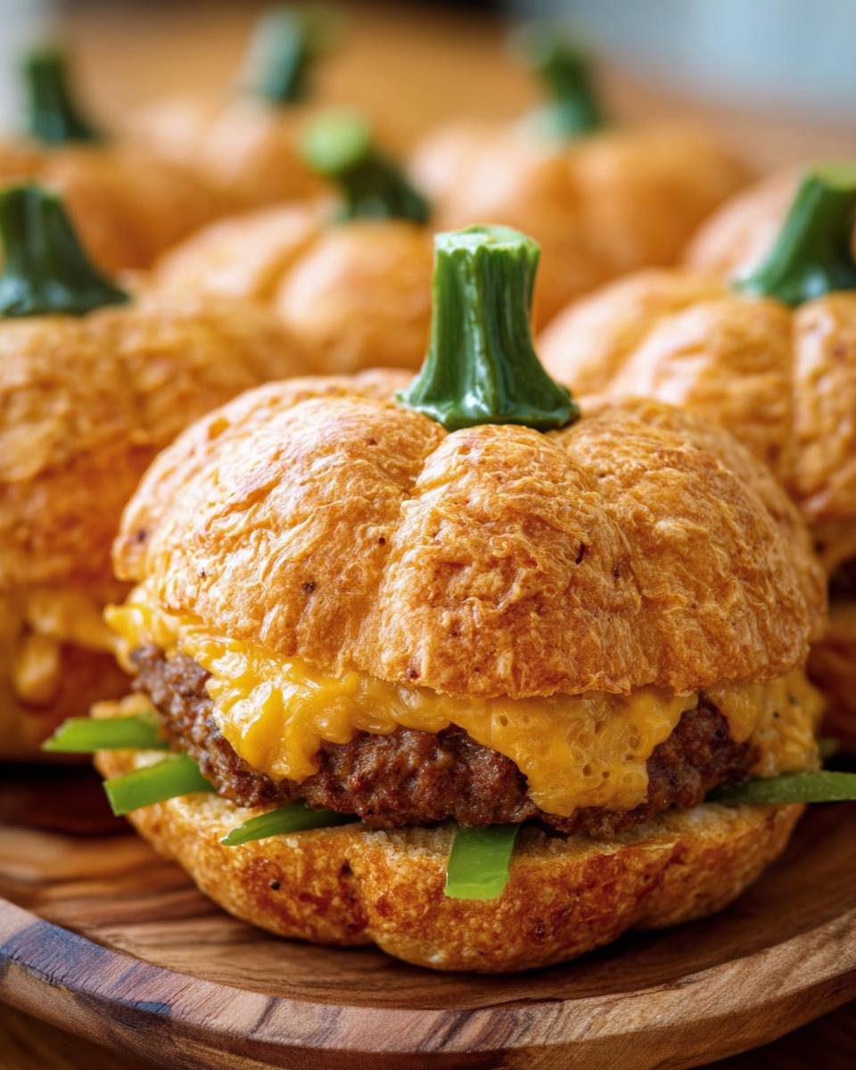 Close-up of pumpkin-shaped sliders with beef patty, cheese, and green pepper stems on a wooden tray.