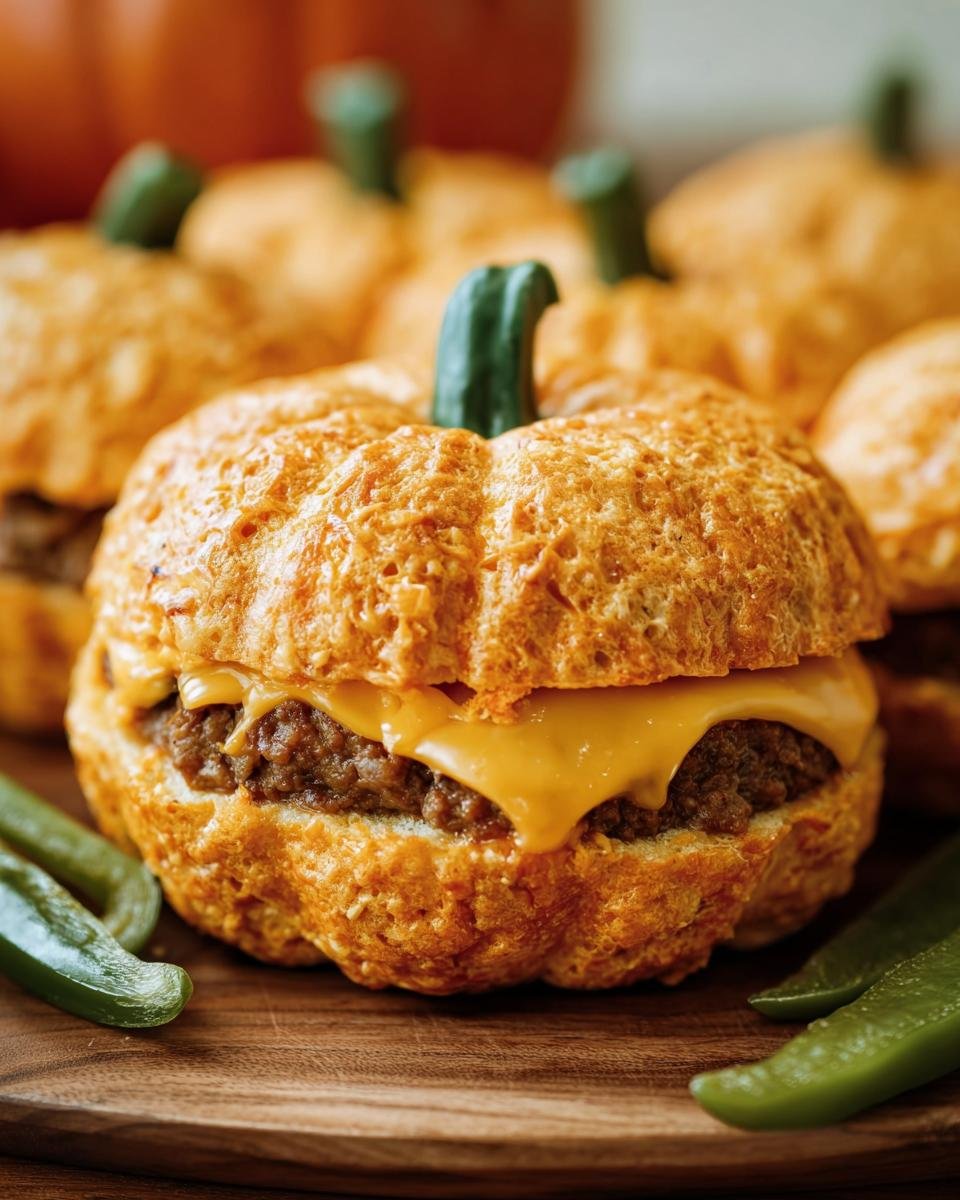 Close-up of pumpkin-shaped sliders with a beef patty and melted cheese, served on a wooden board.